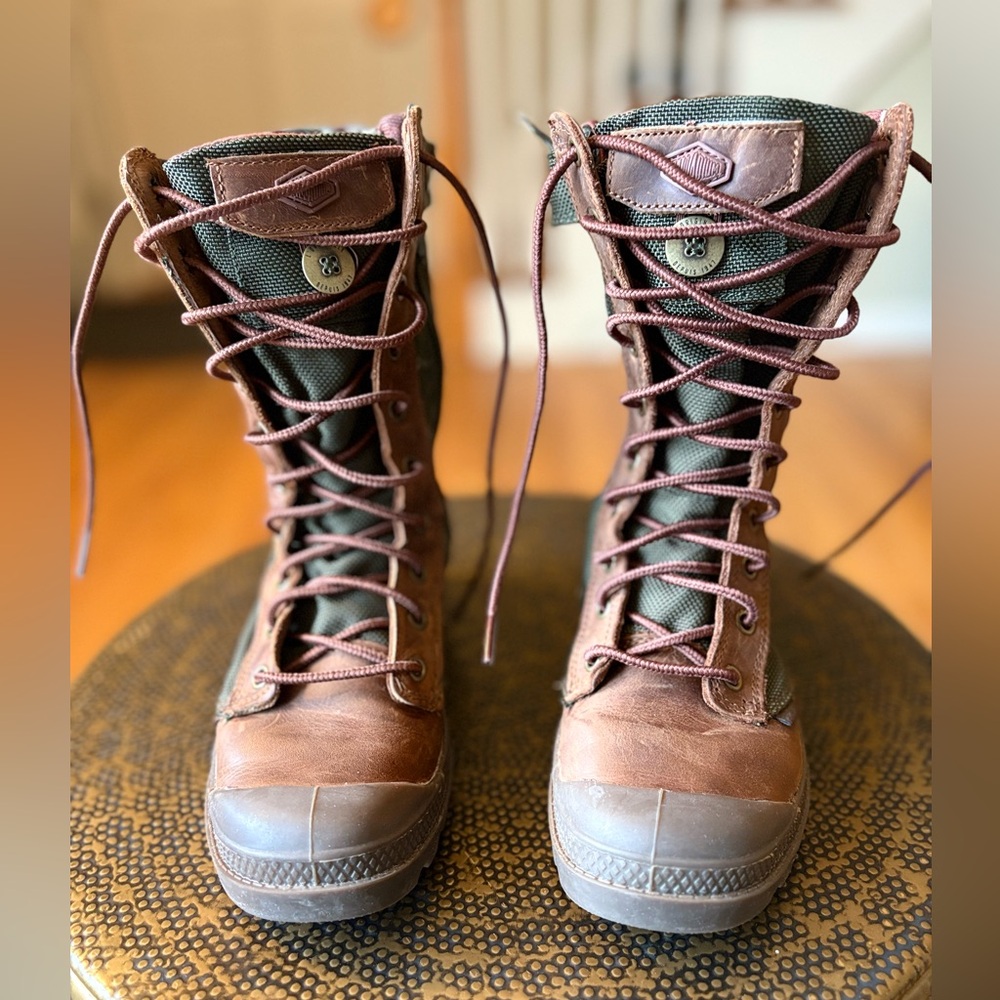 Palladium Green and Brown Combat Boots with Flannel Interior - Picture 3 of 10